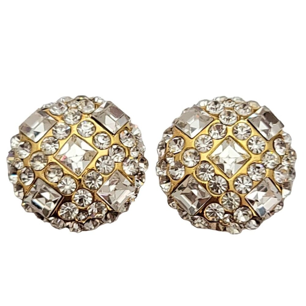 Jarin Gold Tone Round Clear Rhinestone Clip-On Earrings, Signed E971 - Picture 1 of 8